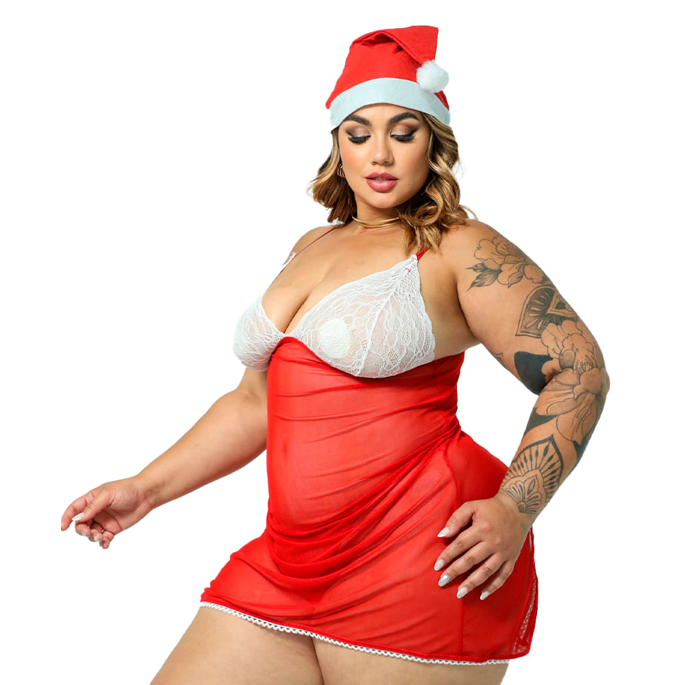 Fantasia Mamãe Noel Lacradora Plus Size com Gorro Hot Love