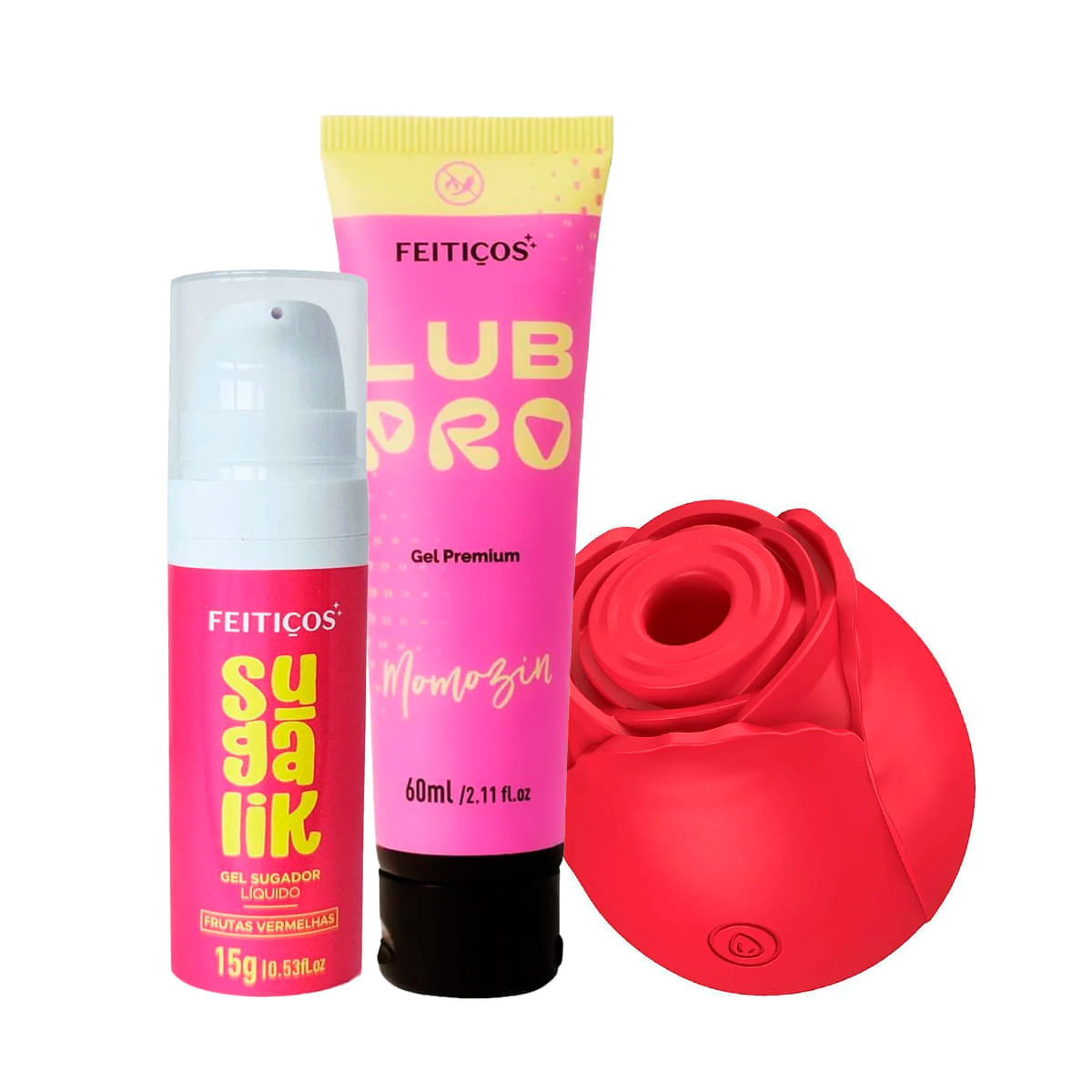 Kit com LubPro Momozin Lubrificante Suave Sugalik Sugador Líquido Comestível e Rosa Estimuladora