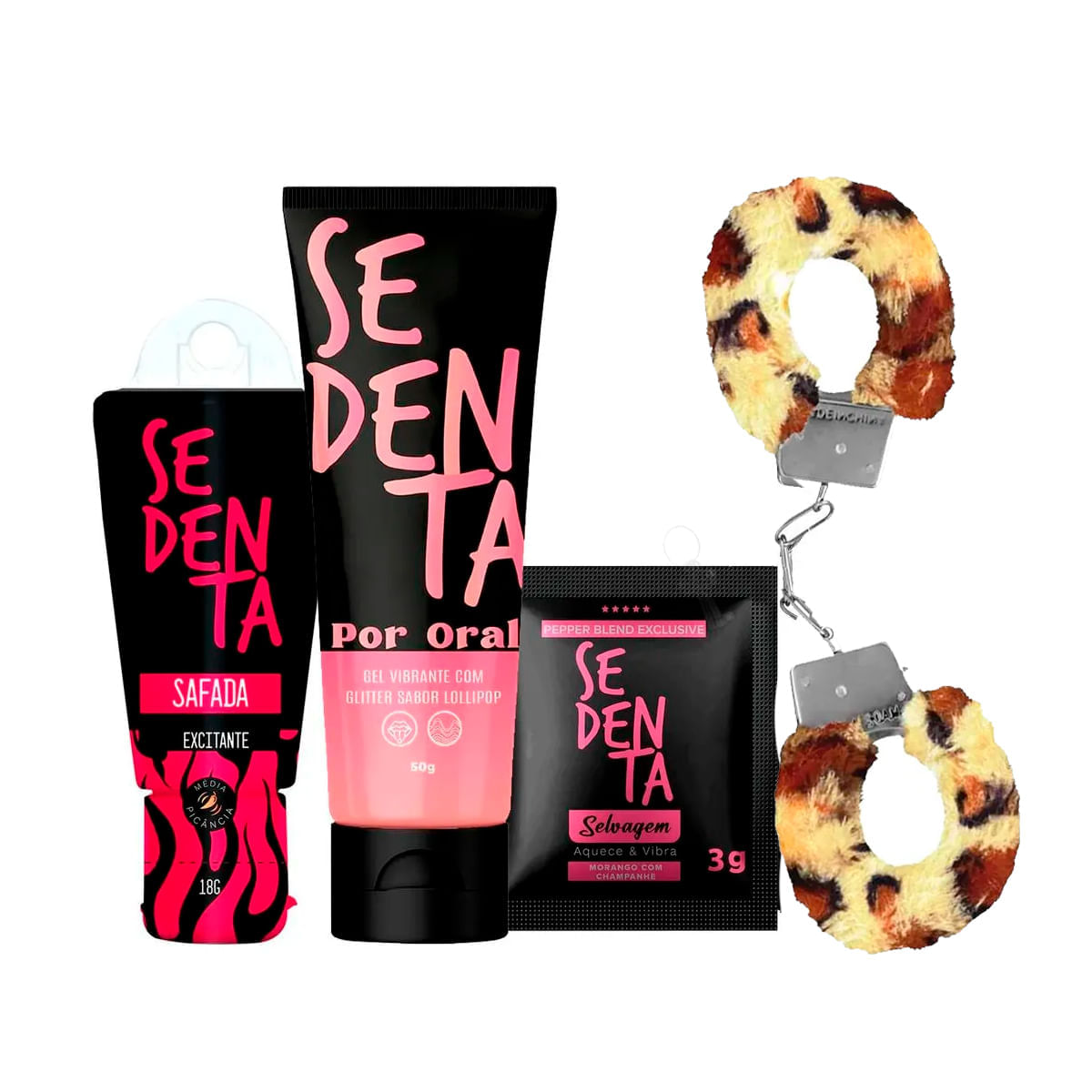 Kit com Sedenta por Oral Lollipop Sedenta Safada Sachê Sedenta Selvagem e Algema Preta