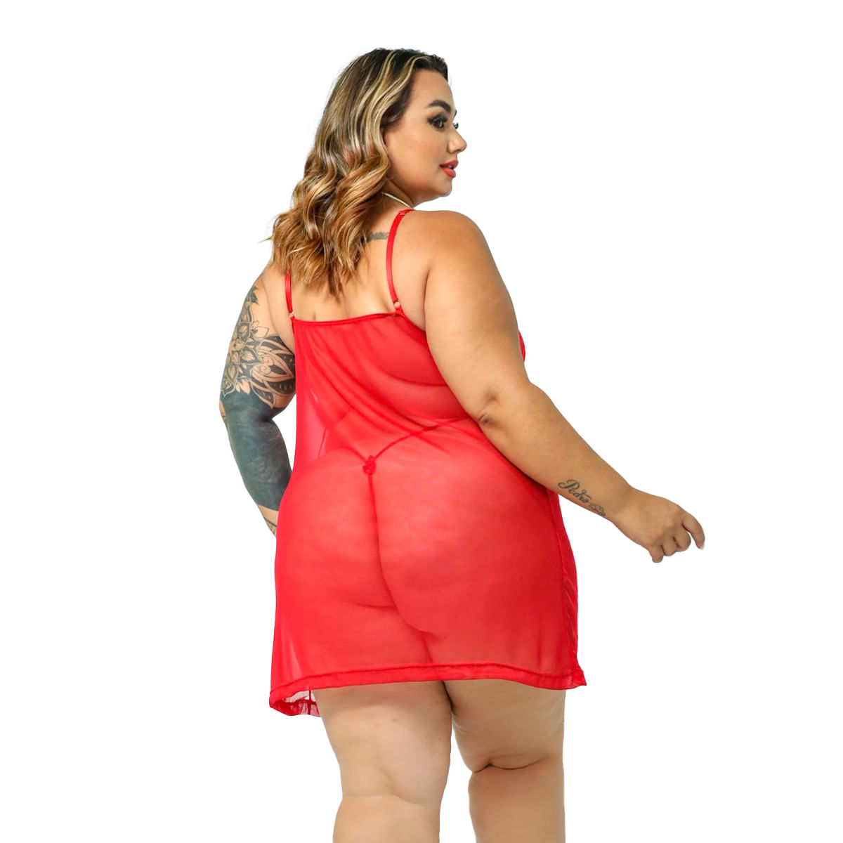 Camisola em Tule com Lacinho e Calcinha Fio Dental Hot Love