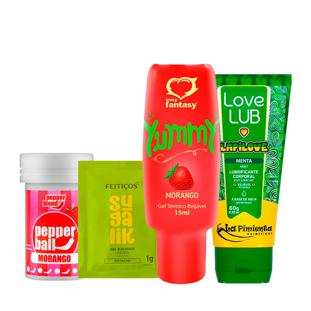 Kit com Pepper Ball Bolinha Explosiva Sachê Sugalik Sugador Líquido Gel Yummy e Love Lub LapiLove