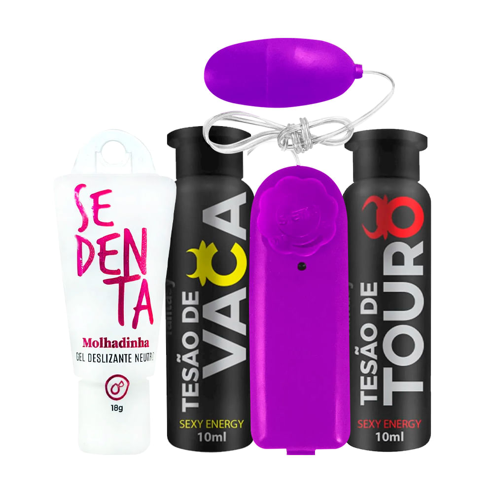Kit com Sedenta Molhadinha Tesão de Vaca Afrodisíaco Tesão de Touro e Bullet Vibro Ó