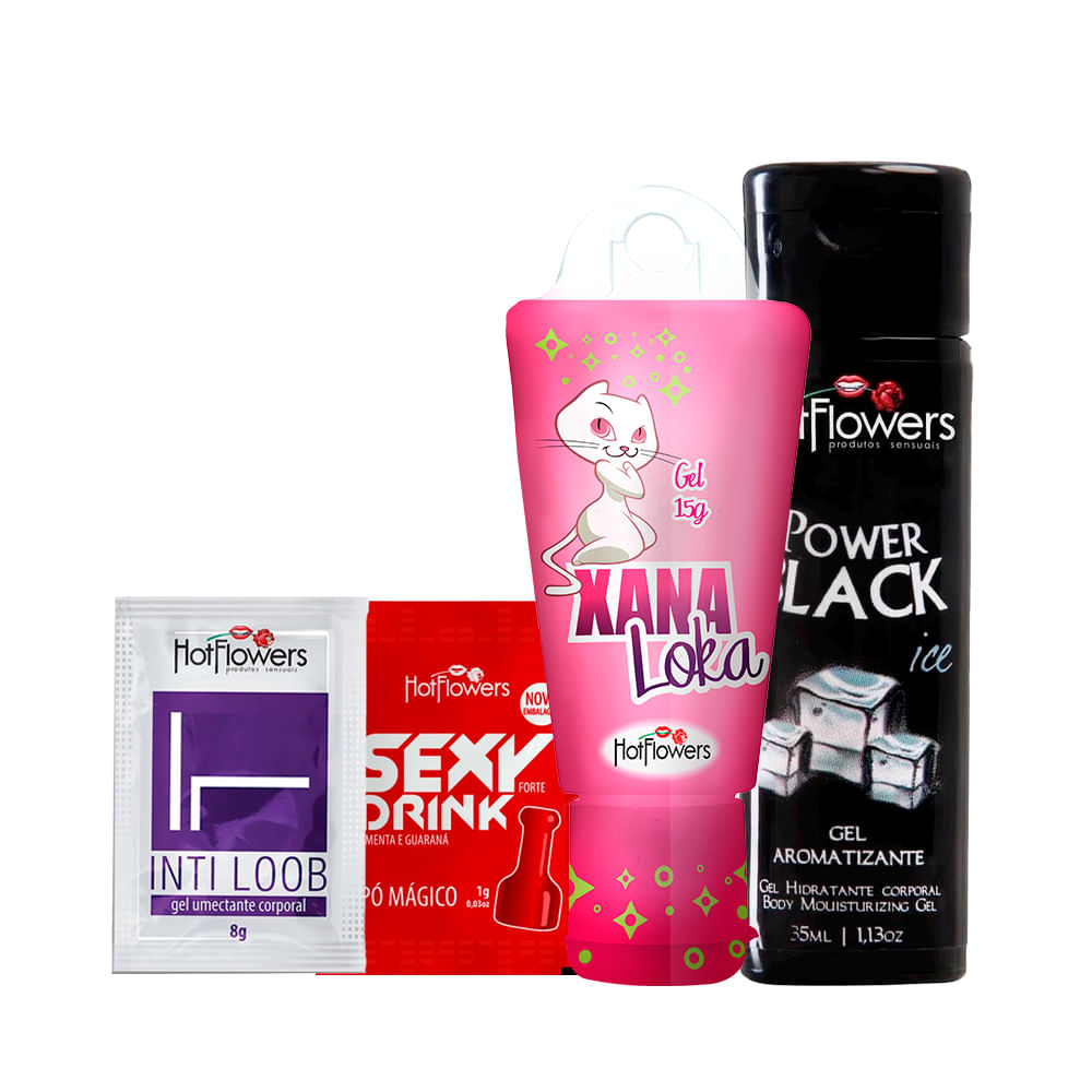 Kit com Gel lubrificante Inti Loob Power Black Ice Sexy Drink Pó Mágico e Excitante Xana Loka