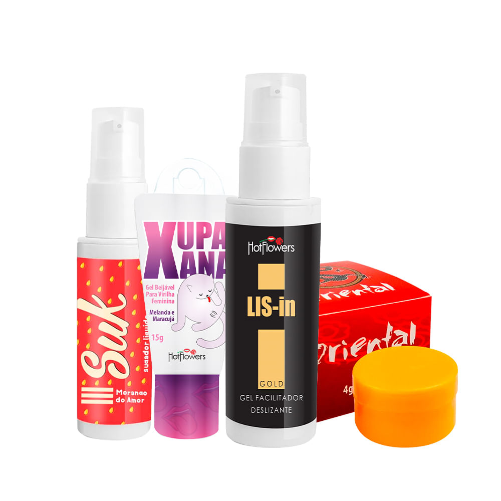 Kit com Suk Sugador Líquido Pomada Oriental Gel Beijável Xupa Xana e Dessensibilizante Anal LIS-In