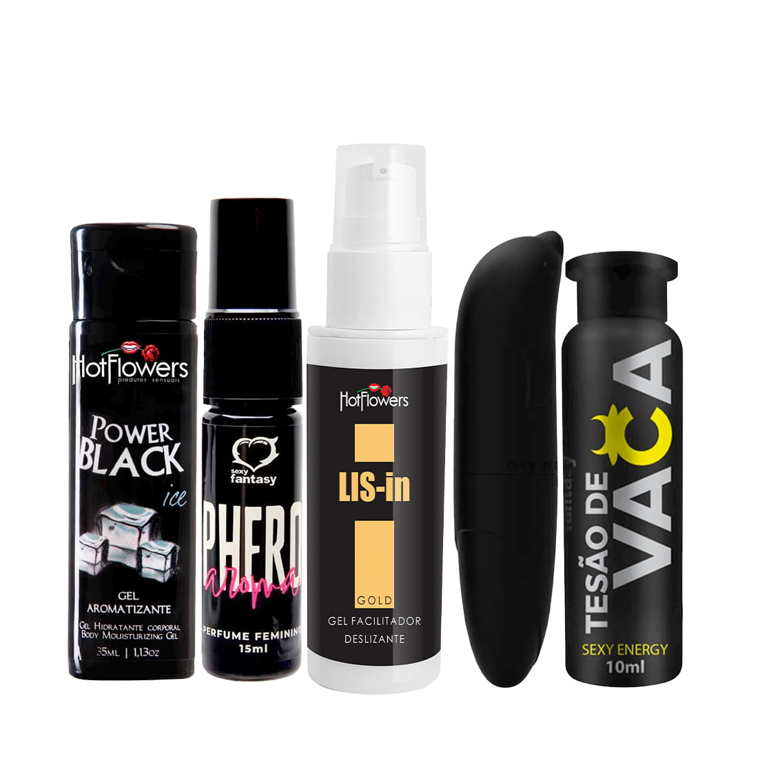 Kit com Power Black Ice Perfume Phero Feminino LIS-In Vibrador Ponto G Golfinho e Tesão de Vaca
