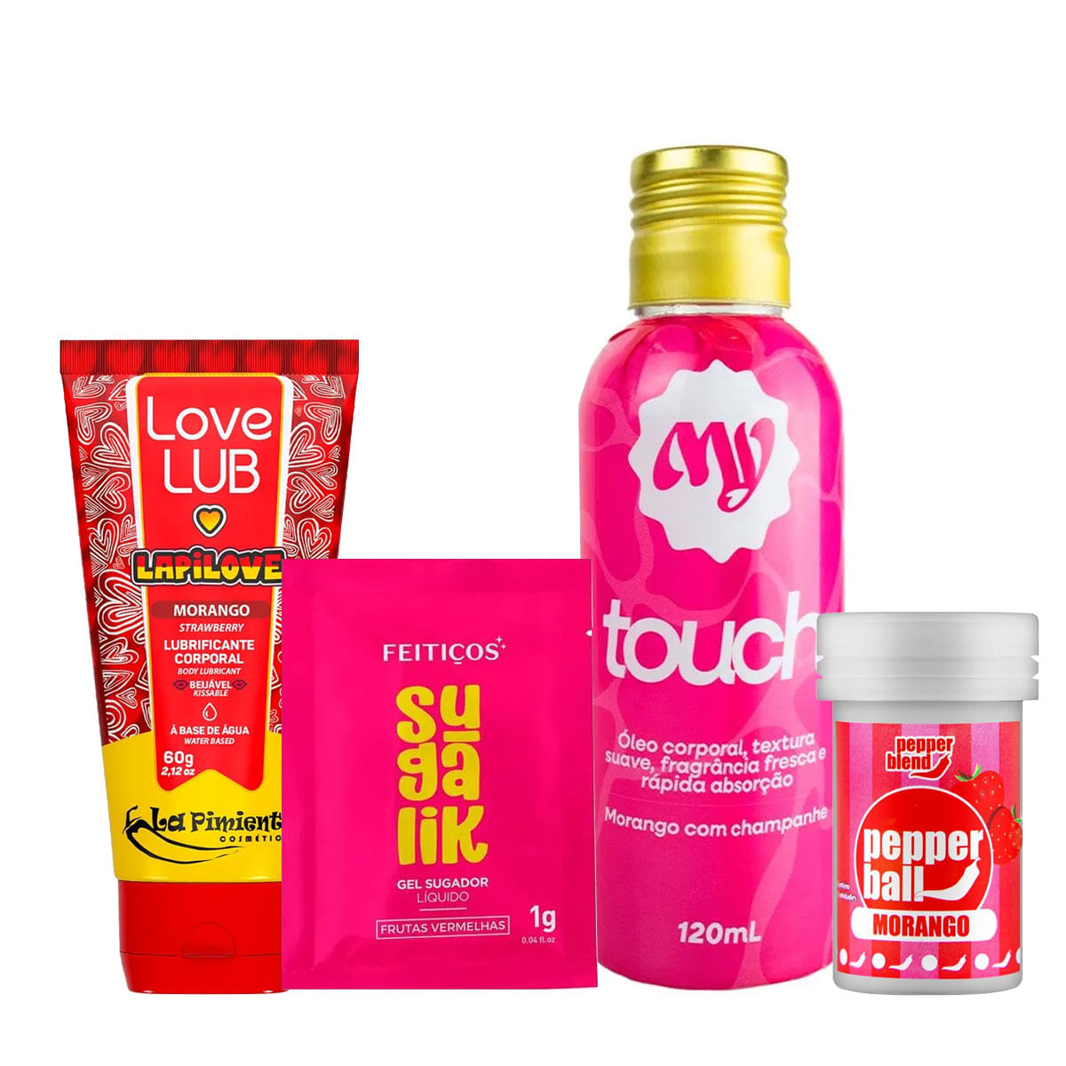 Kit com MyTouch Love Lub Morango Sachê Sugalik Frutas Vermelhas e Pepper Ball Morango