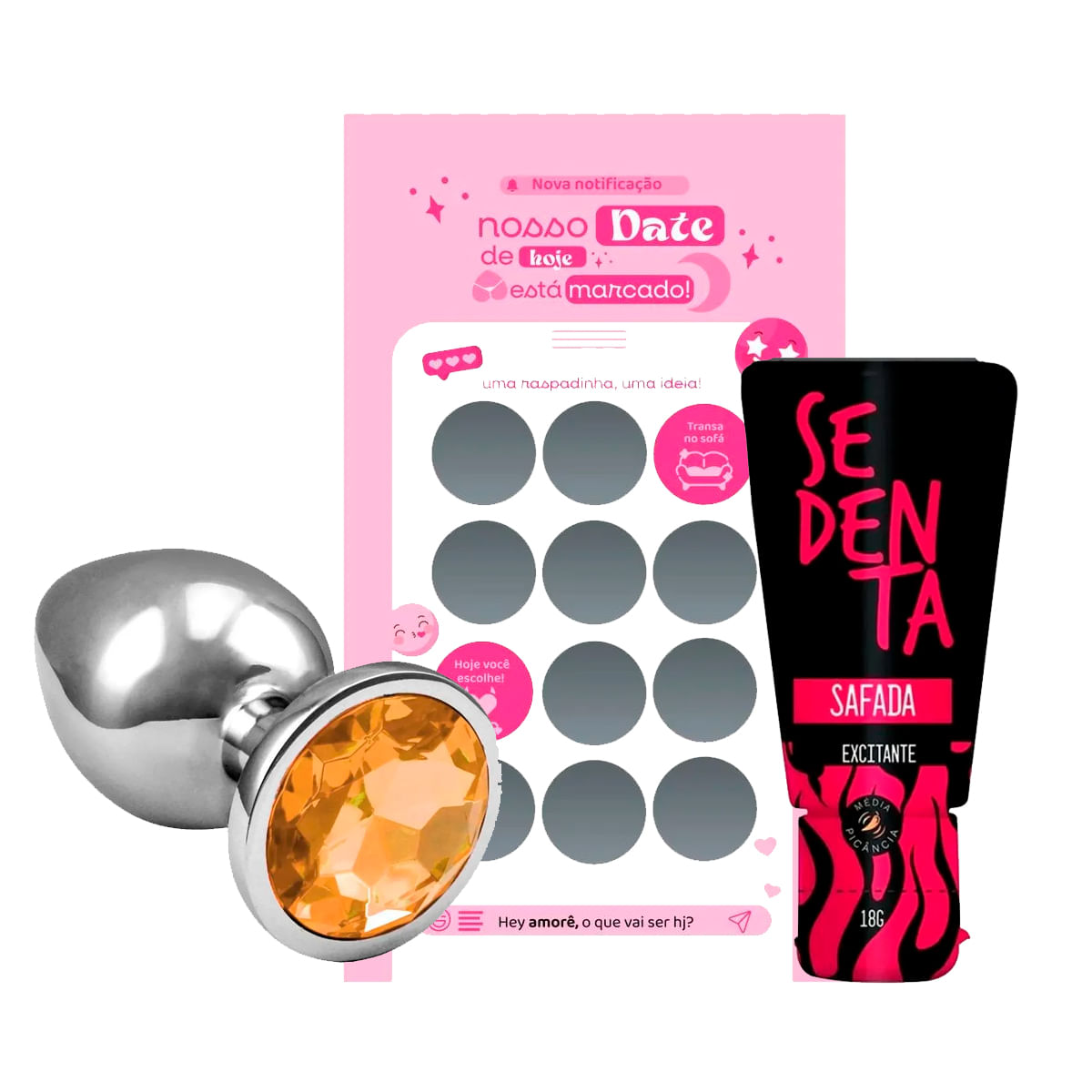 Kit com Plug Anal Médio Raspadinha Nosso Date e Sedenta Safada