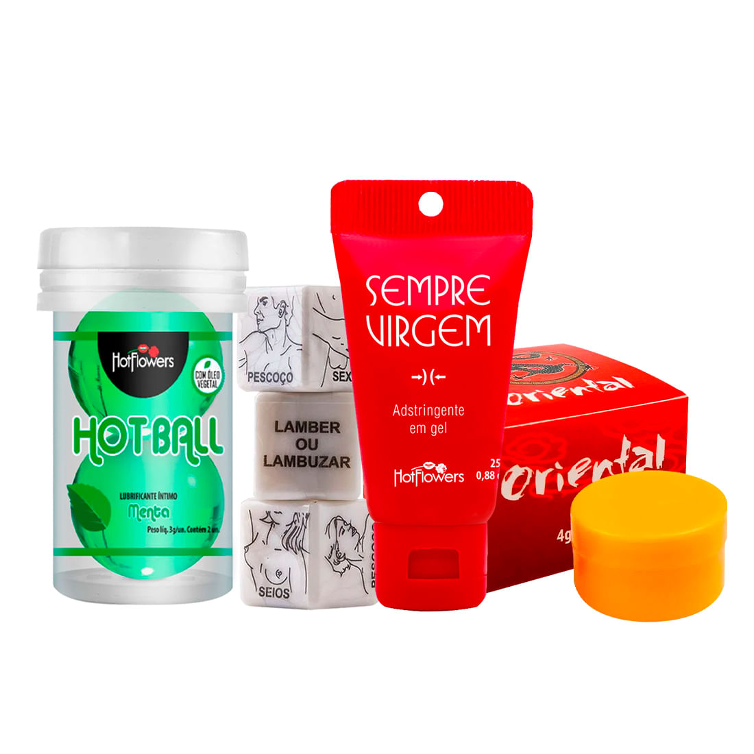 Kit com Hot Ball Beija Muito Menta Pomada Oriental Jogo das Tarefas e Gel Adstringente Sempre Virgem