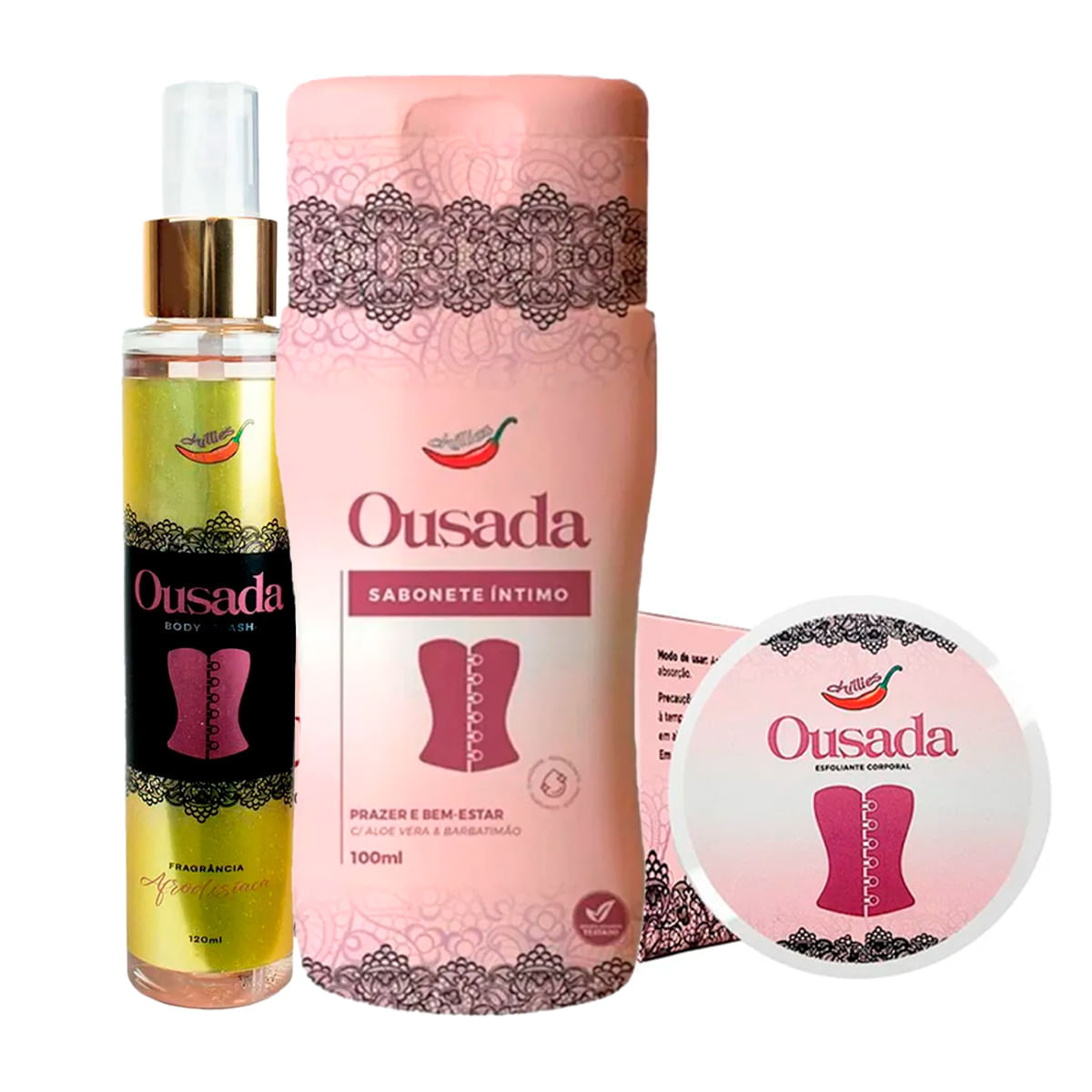 Kit com Body Splash Ousada Esfoliante Corporal Ousada e Sabonete Íntimo Feminino Ousada