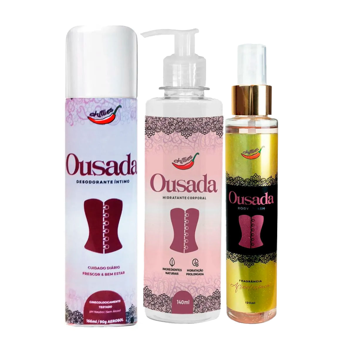 Kit Ousada com Desodorante Íntimo Aerosol Hidratante Corporal e Body Splash Fragrância Afrodisíaca