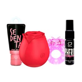 Kit com Sedenta por Oral Rosa Estimuladora de Clitóris Anel Peniano e Perfume Phero Aroma Feminino