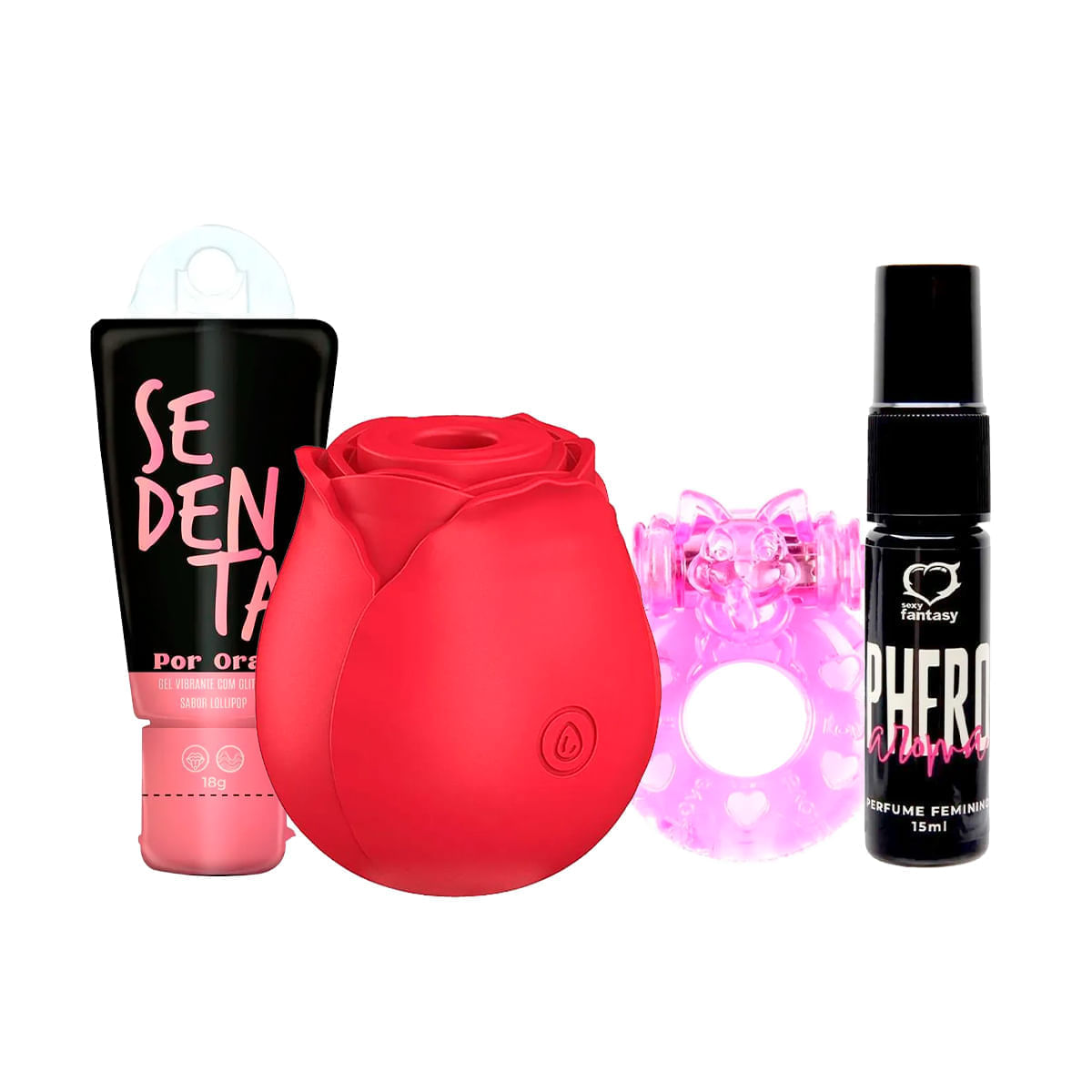 Kit com Sedenta por Oral Rosa Estimuladora de Clitóris Anel Peniano e Perfume Phero Aroma Feminino