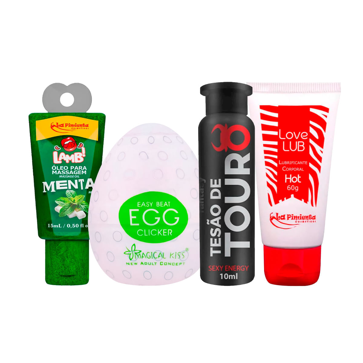 Kit com Masturbador Egg Clicker Tesão de Touro Lamb Óleo para Massagem e Love Lub Hot