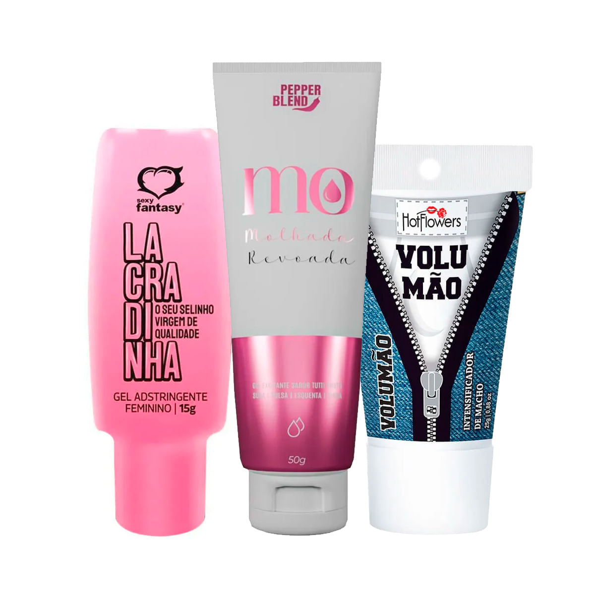 Kit com Lacradinha Adstringente Revoada Gel Excitante e Volumão Excitante