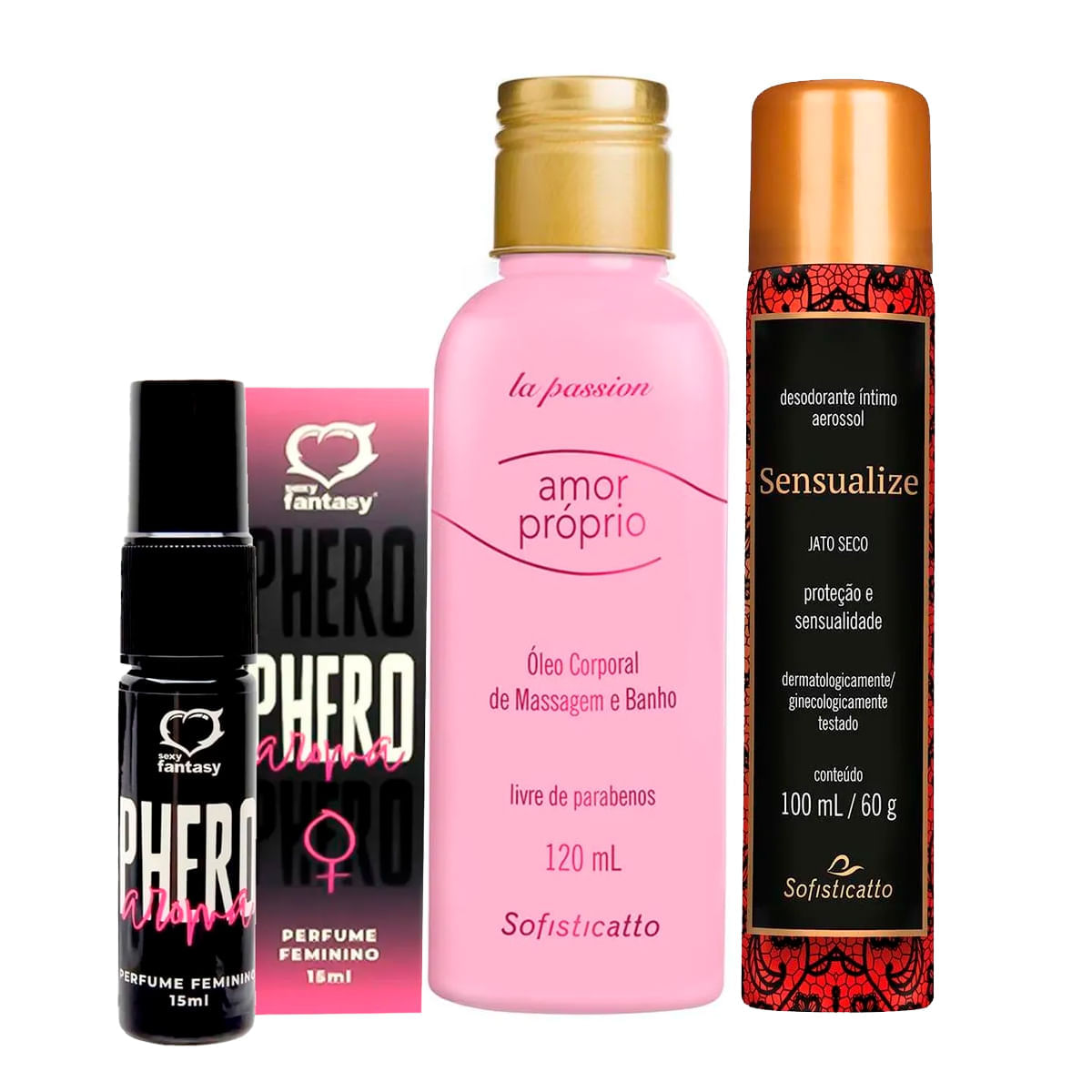 Kit com Amor Próprio Óleo Corporal Sensualize Desodorante Íntimo e Perfume Phero Feminino