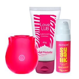 Kit com Estimulador de Clitóris em Formato de Rosa Sugalik Sugador Líquido e Love Lub Neutro