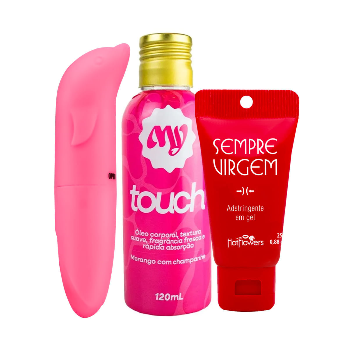 Kit com MyTouch Óleo Corporal Bifásico MyVibro Vibrador Ponto G e Gel Adstringente Sempre Virgem