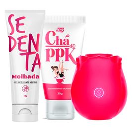 Kit com Chá de PPK Adstrigente Estimulador de Clitóris Rosa e Sedenta Molhada Gel Deslizante
