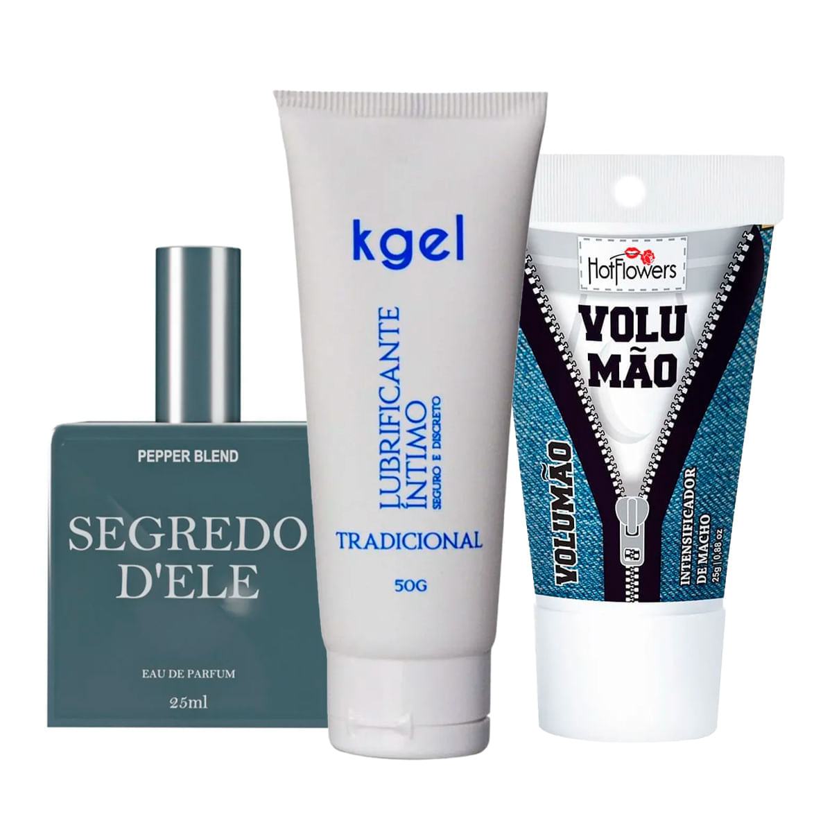 Kit com KGEL Lubrificante Íntimo Perfume Segredo D'Ele e Volumão Excitante Masculino
