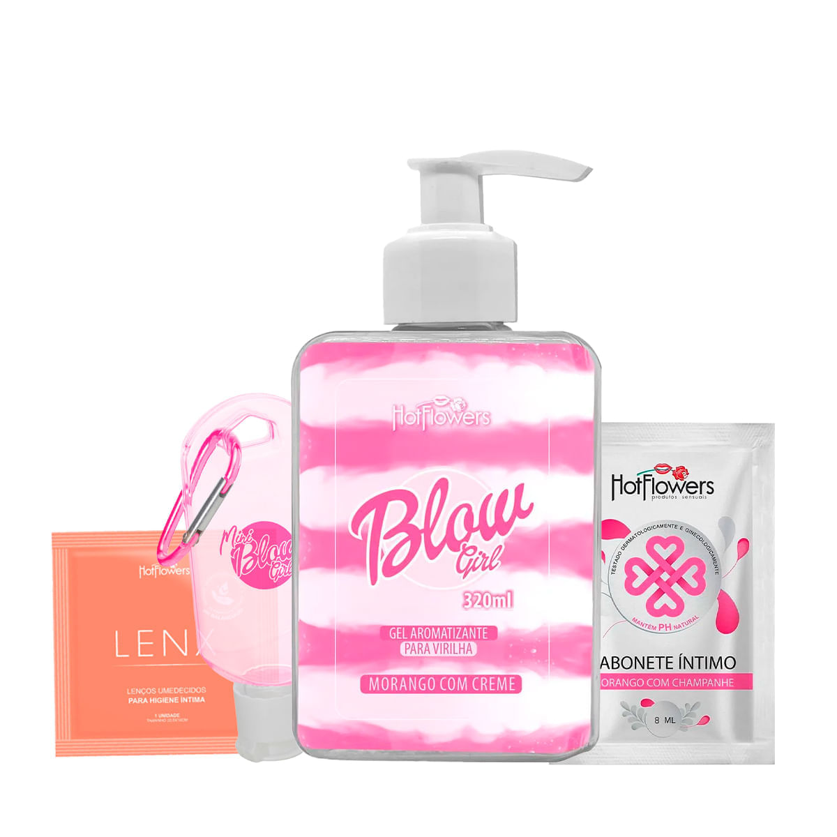 Kit com Lenx Lenços Umedecidos Blow Girl Gel Sabonete Íntimo Sachê e Mini Blow Chaveiro