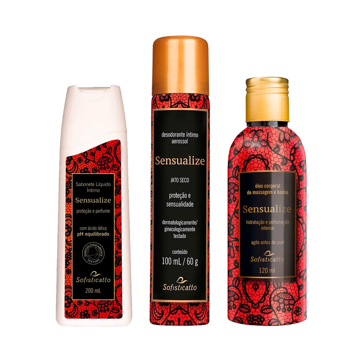 Kit com Linha Sensualize Desodorante Íntimo Óleo Corporal e Sabonete Líquido Íntimo