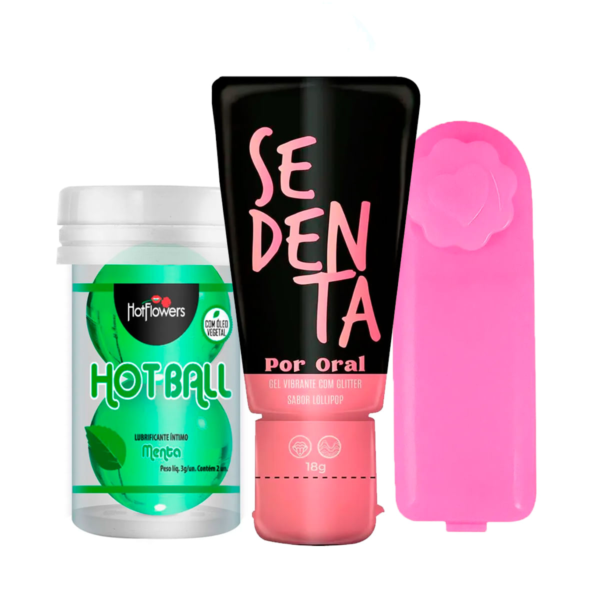 Kit com Sedenta por Oral Gel Hot Ball Beija Muito e Vibro Ó Bullet Cápsula Vibratória