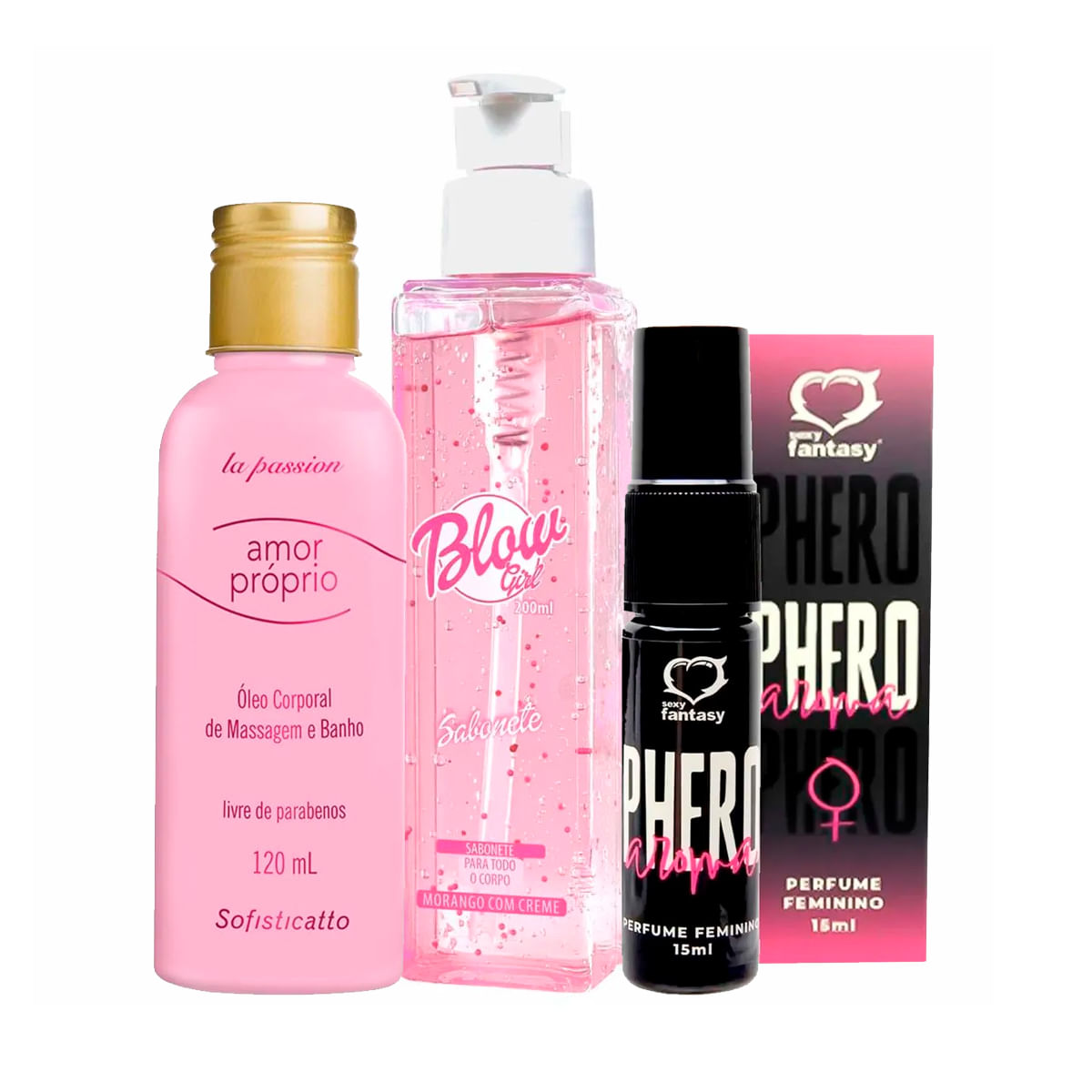 Kit com Blow Girl Sabonete Amor Próprio Óleo Corporal e Perfume Phero Feminino