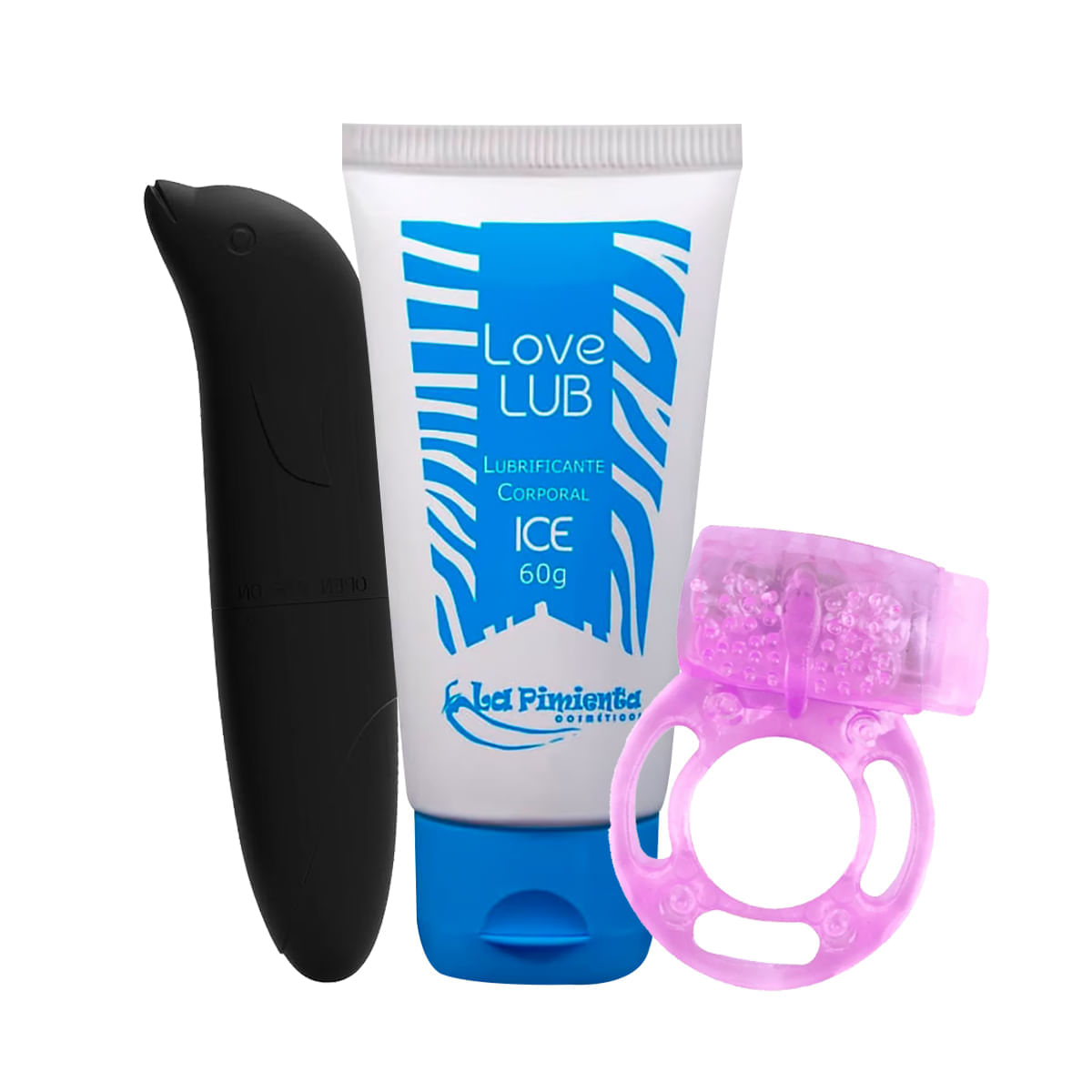 Kit com MyRing Anel Peniano Love Lub Ice Lubrificante e Vibrador Golfinho