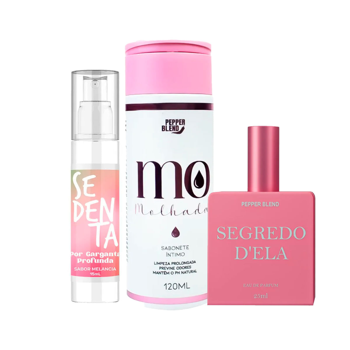 Kit com Sedenta por Garganta Profunda Dessensibilizante Sabonete Feminino MO e Perfume Segredo D'Ela