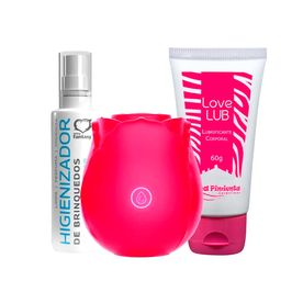 Kit com Rosa Estimuladora de Clitóris Love Lub Lubrificante e Higienizador de Brinquedos