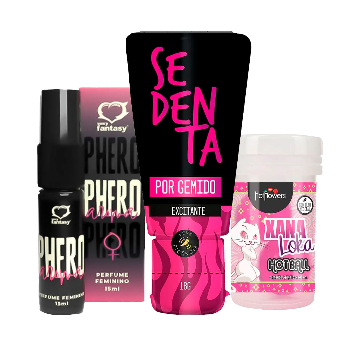 Kit com Perfume Phero Aroma Feminino Sedenta por Gemido e Hot Ball Xana Loka