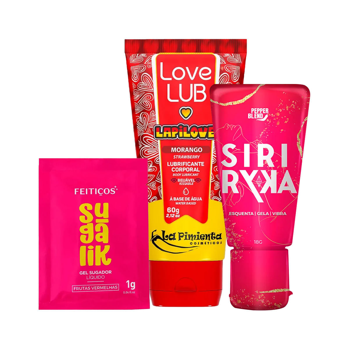 Kit com Sachê Sugalik Sugador Love Lub LapiLove Lubrificante e Siri Ryka Excitante
