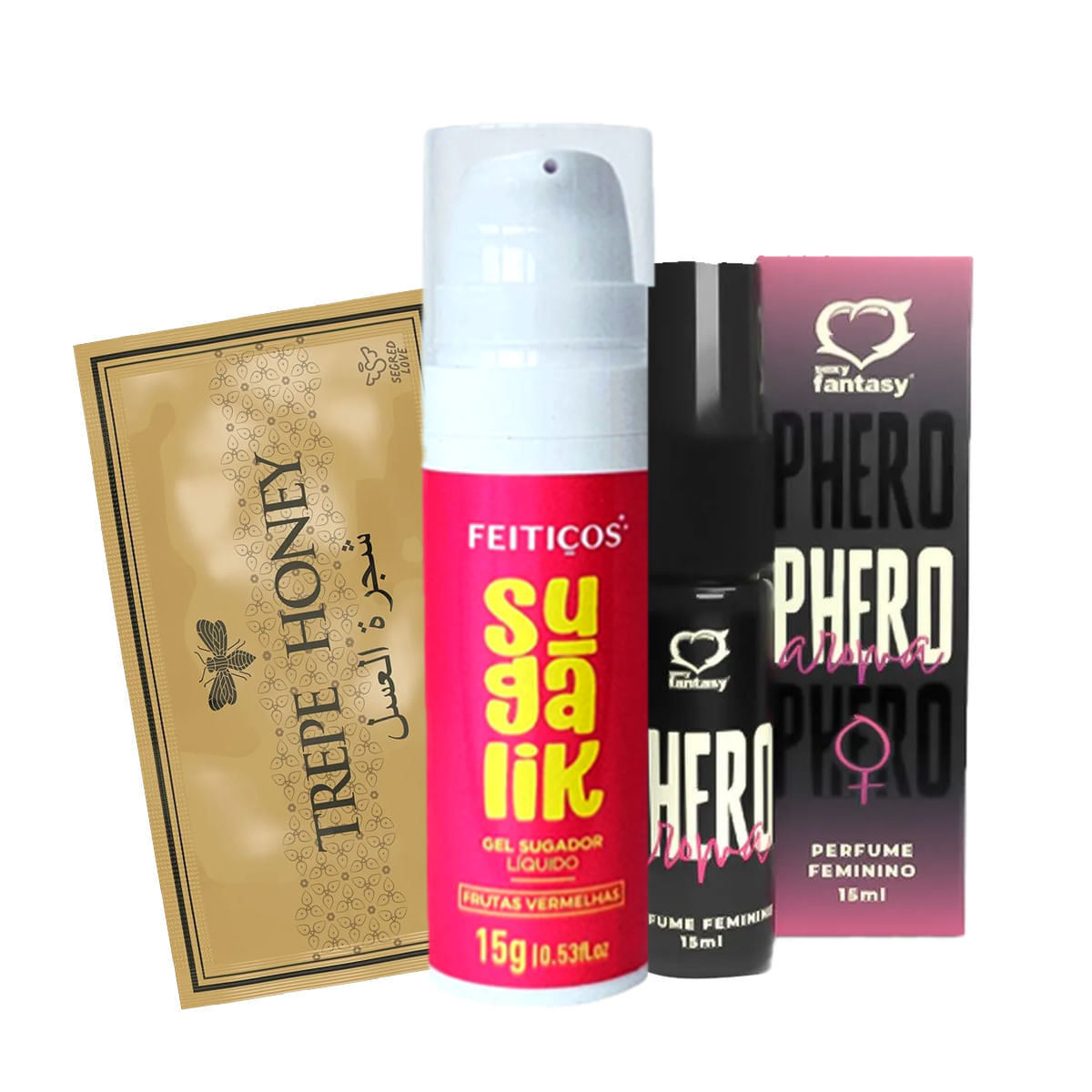 Kit com Sugalik Sugador Líquido Perfume Phero Feminino e Trepe Honey Estimulante