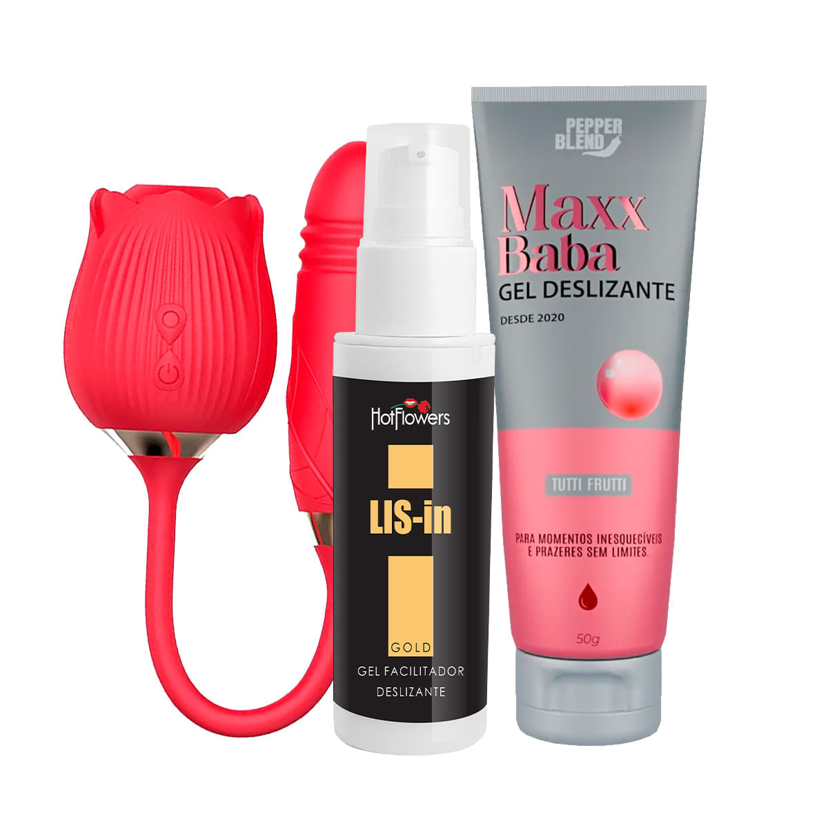 Kit com Vibrador Formato de Rosa Maxx Baba e LIS-In