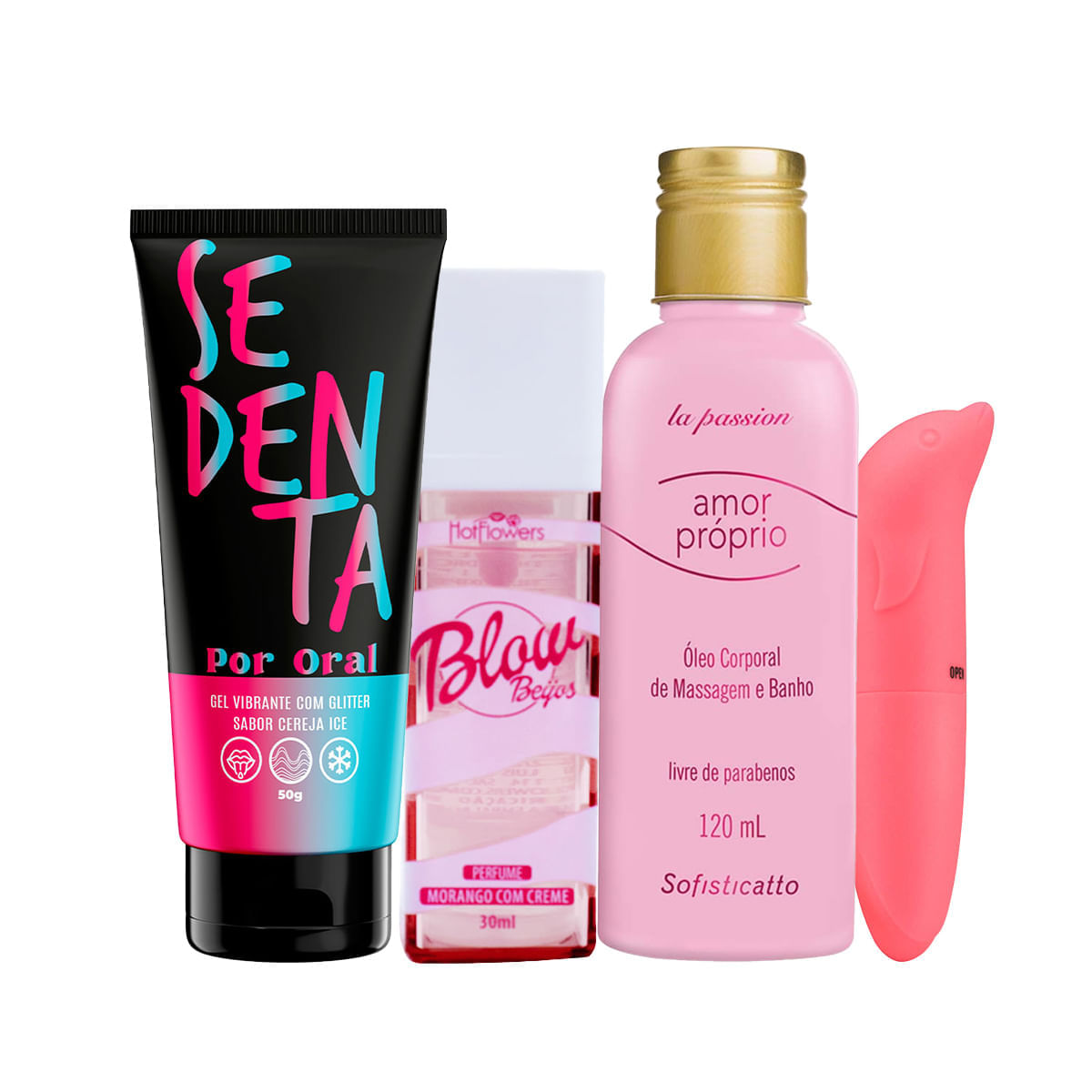 Kit com Blow Girl Perfume Sedenta Por Oral Vibrador Ponto G Golfinho e Óleo Amor Próprio