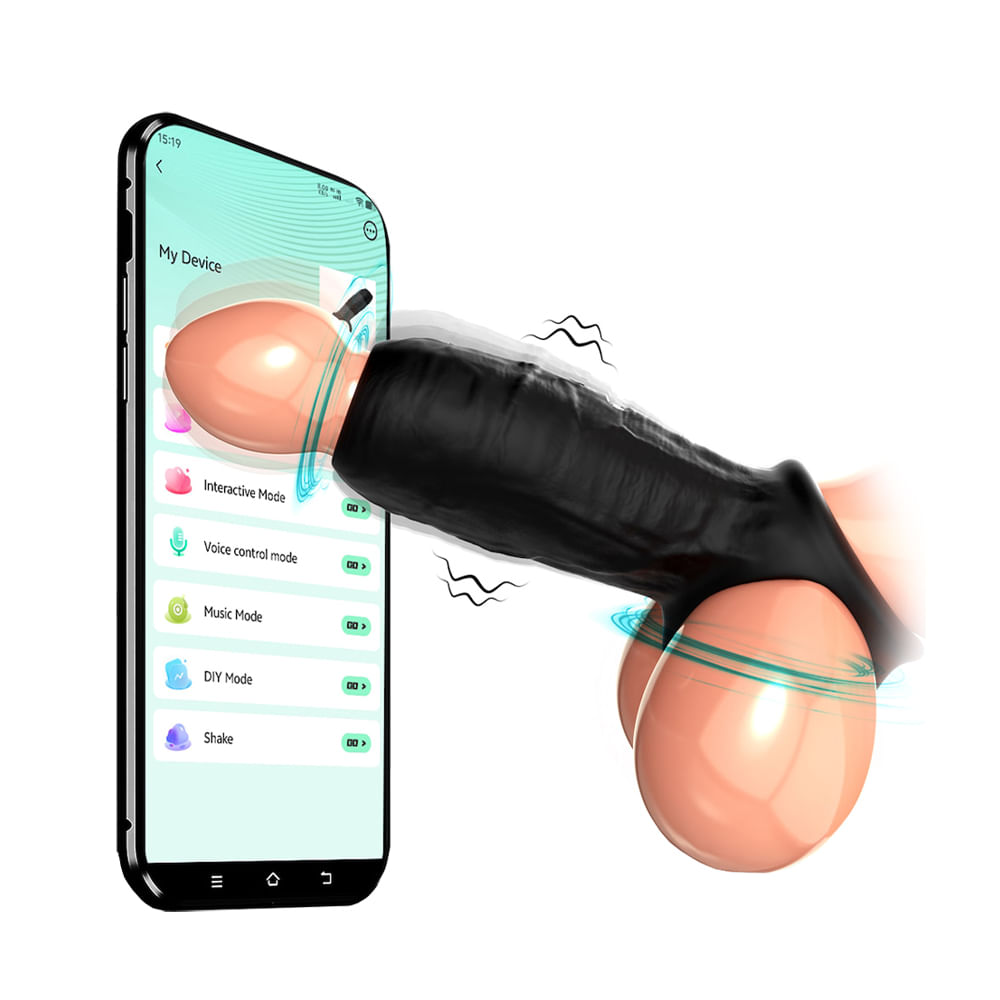 Penis Vibrating Sleeve Meia Capa com Anel Peniano e 9 Modos de Vibração via Aplicativo Vip Mix