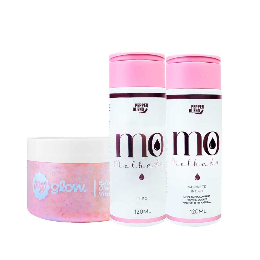 Kit com MyGlow Esfoliante MO Molhada Óleo Hidratante e Sabonete Feminino