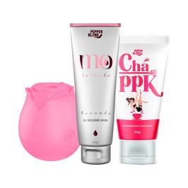 Kit com Excitante MO Molhada Rosa Estimuladora de Clitóris e Chá de PPK Gel Adstrigente