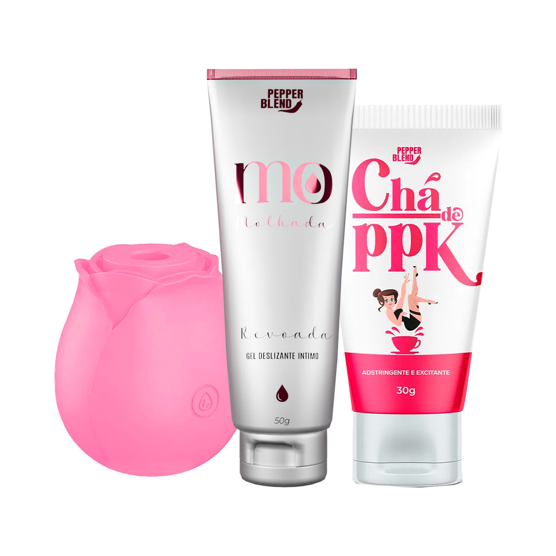 Kit com Excitante MO Molhada Rosa Estimuladora de Clitóris e Chá de PPK Gel Adstrigente