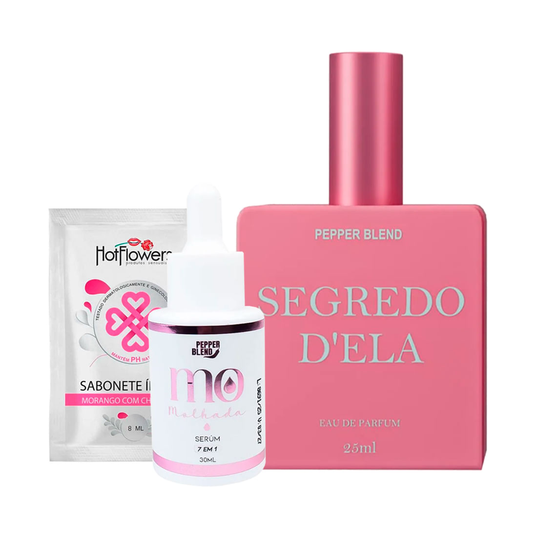 Kit com Perfume Segredo D'Ela Sérum Íntimo MO Molhada e Sabonete Íntimo