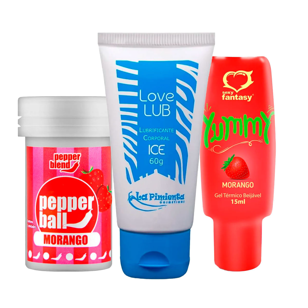 Kit com Pepper Ball Bolinha Love Lub Ice Lubrificante e Yummy Gel Beijável
