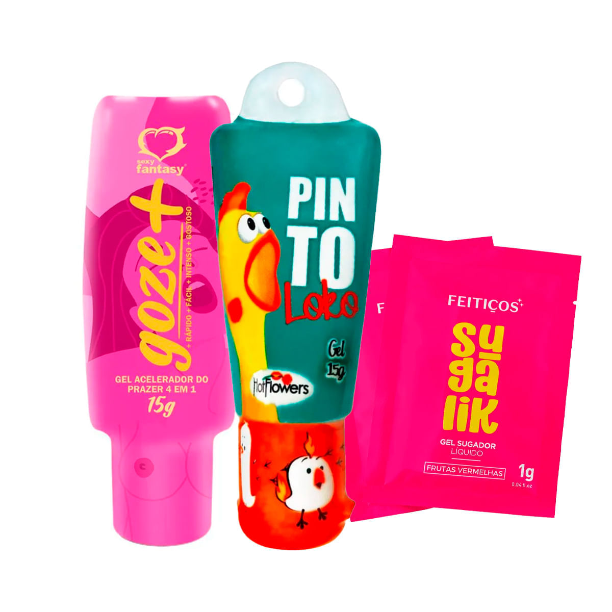 Kit com Pinto Loko Estimulante Sachê Sugalik Sugador Líquido e Goze + Acelerador