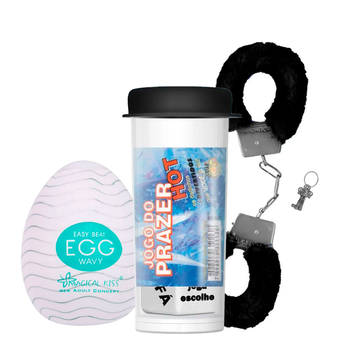 Kit com Egg Wavy Masturbador Dados Eróticos Jogo do Prazer e MyCuff Algema