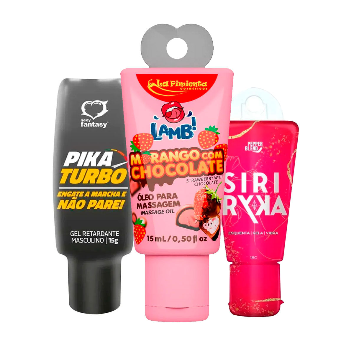 Kit com Lamb Óleo para Massagem Pika Turbo Retardante e Siri Ryka Excitante