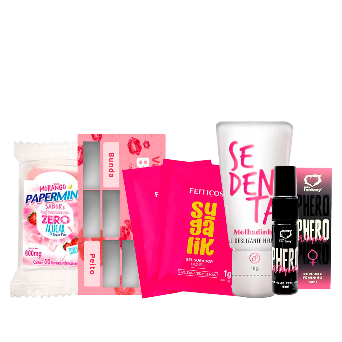 Kit com Papermint Lâminas Raspadinha do Beijo Sachê Sugalik Sedenta Molhadinha e Phero Feminino