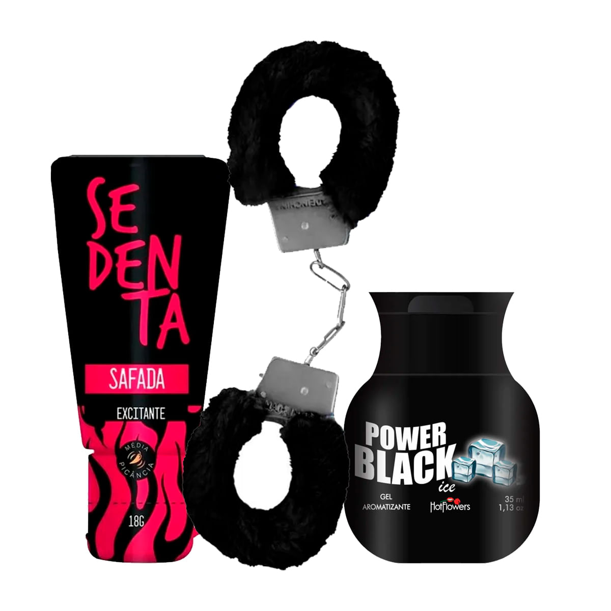 Kit com Sedenta Safada Excitante MyCuff Algema e Power Black Ice Gel