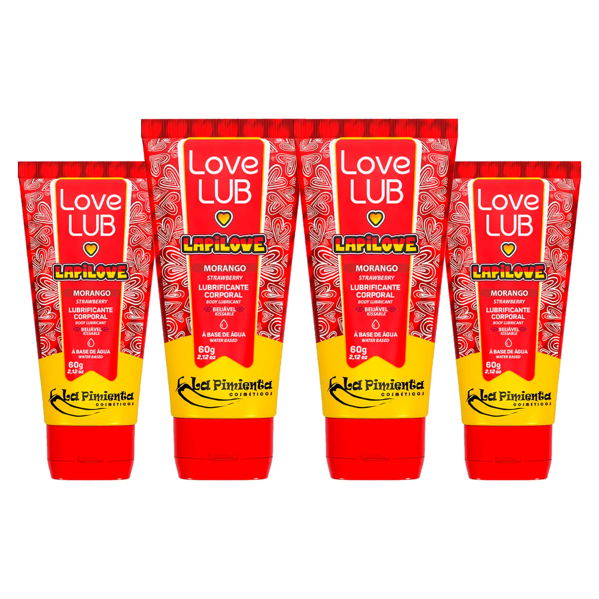 Kit com 4 Love Lub LapiLove Lubrificante Corporal Beijável de Morango