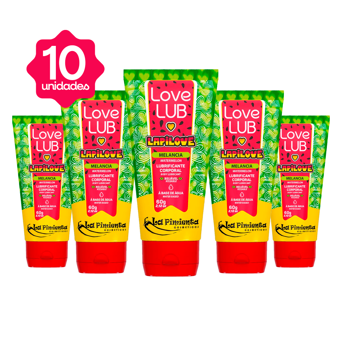 Kit com 10 Love Lub LapiLove Lubrificante Corporal Beijável de Melancia