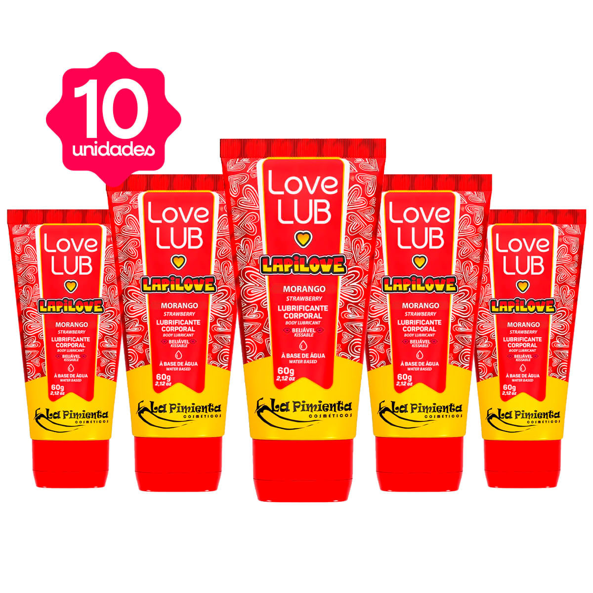 Kit com 10 Love Lub LapiLove Lubrificante Corporal Beijável de Morango