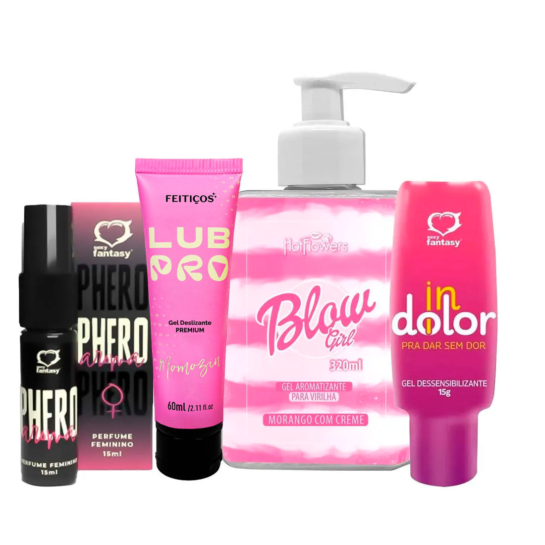 Kit com LubPro Momozin Blow Girl Gel Beijável Perfume Phero Aroma Feminino e InDolor